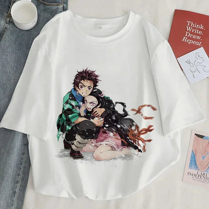 Démon Slayer imprimer t-shirt femmes Harajuku esthétique hauts blancs t-shirt japon Anime Ullzang femme t-shirt été noir t-shirt