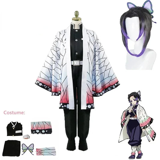 Costume de Cosplay Anime Demon Slayer Kimetsu No Yaiba Kochou Shinobu, ensemble de perruques, uniforme Kimono, Costumes d'halloween pour enfants et adultes
