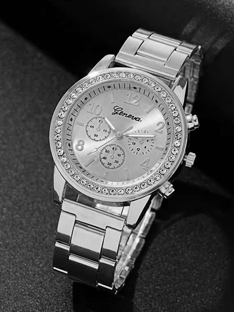 Montre à quartz WOarmacy polyvalente, bracelet incrusté de diamants, collier, boucles d'oreilles, ensemble de matiques, à la mode, 6 pièces