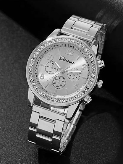 Montre à quartz WOarmacy polyvalente, bracelet incrusté de diamants, collier, boucles d'oreilles, ensemble de matiques, à la mode, 6 pièces