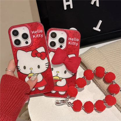 2025 Hello Kitty mignon dessin animé Coque de téléphone pour iPhone 11 12 13 14 15 16 Pro Max Plus rouge IMD nœud papillon corde suspendue couverture Coque