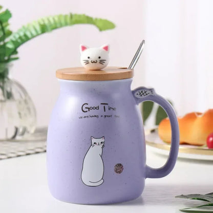 Tasse à couvercle en bois de Style japonais avec cuillère, tasse en céramique de lait de chat de dessin animé mignon, tasse de jus de yaourt glacé, tasse résistante à la chaleur, tasse cadeaux