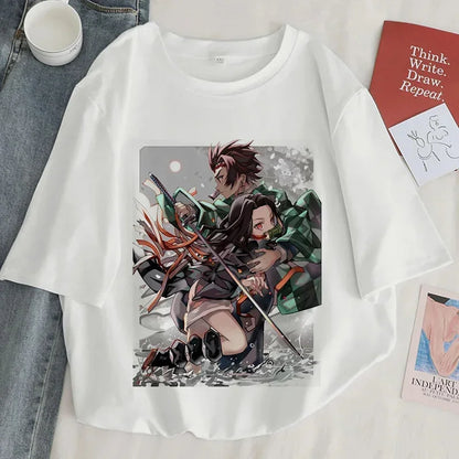 Démon Slayer imprimer t-shirt femmes Harajuku esthétique hauts blancs t-shirt japon Anime Ullzang femme t-shirt été noir t-shirt