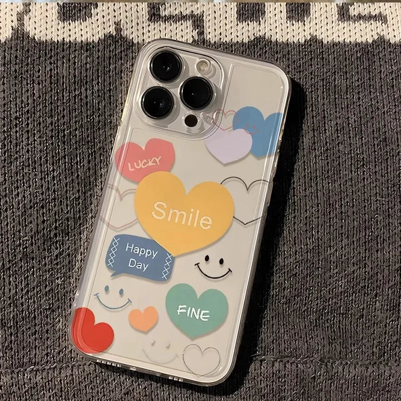 INS – coque de téléphone colorée en forme de cœur, étui transparent souriant pour iPhone 16 15 14 11 12 13 Pro Max Plus Mini XS XR 7 8 SE