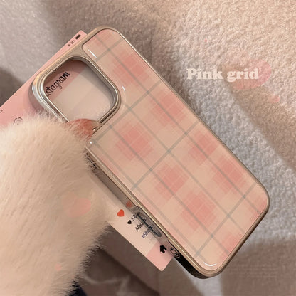 Coque de téléphone rigide antichoc à carreaux roses, étui de protection mignon de Style coréen pour iPhone 13 14 15 16 Pro Max