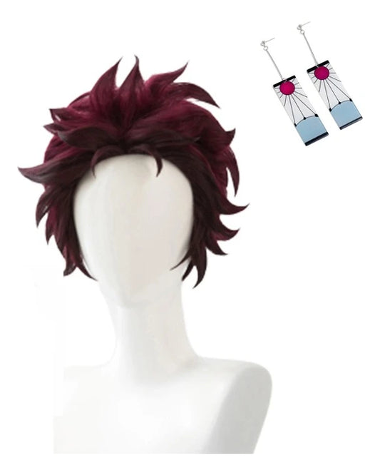 Demon Slayer Tanjiro Kamado Short Chestnut Brown Heat Degré Hair Cosplay Costume, Perruque + une paire de boucles d'oreilles
