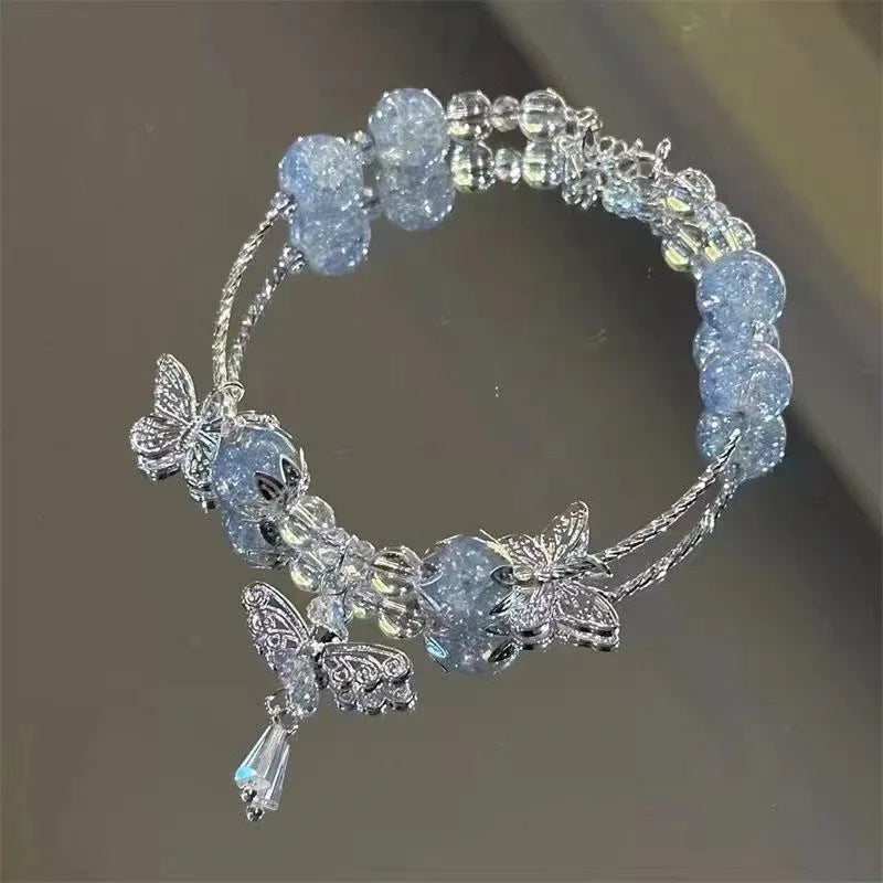 Bracelets de luxe légers en perles de cristal de verre violet pour femmes, pendentif Chic avec pompon papillon, bijoux de poignet pour fille douce