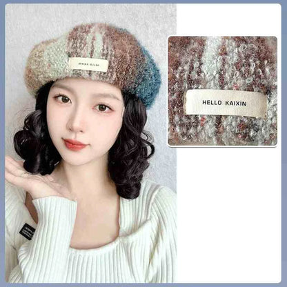 Perruque chapeau femmes tout en un automne/hiver nouvelle mode cheveux longs bouclés arc-en-ciel peinture à l'huile béret simulé cheveux perruque casque