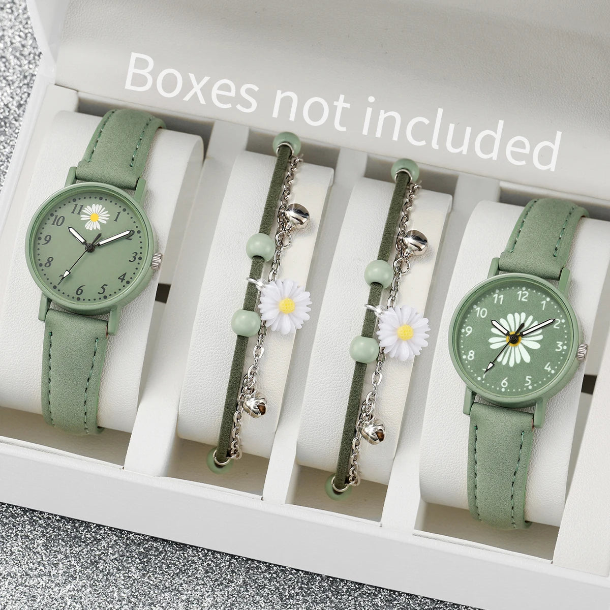 Montre à quartz avec bracelet en cuir PU vert, fleur, boîte non incluse, mode, ensemble de 4 pièces
