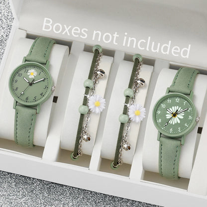 Montre à quartz avec bracelet en cuir PU vert, fleur, boîte non incluse, mode, ensemble de 4 pièces