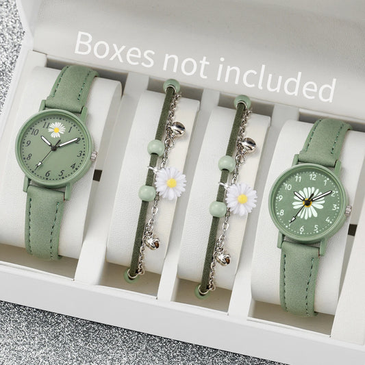 Montre à quartz avec bracelet en cuir PU vert, fleur, boîte non incluse, mode, ensemble de 4 pièces