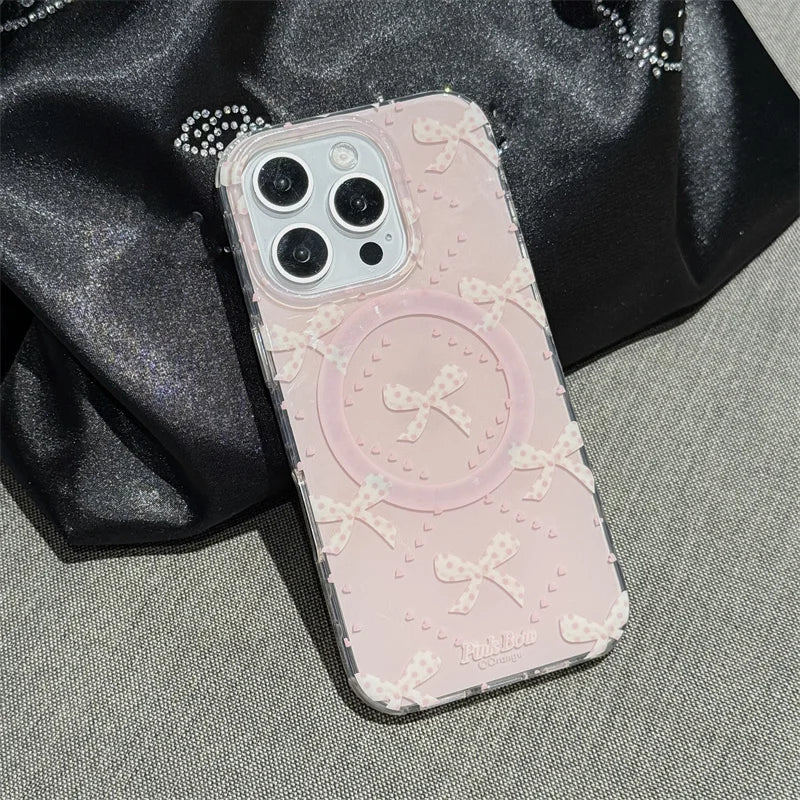Jolie coque de téléphone magnétique pour iPhone 16 Pro 15 14 13 Pro Max 15Pro, avec support à nœud papillon en perles, étuis antichoc pour Magsafe