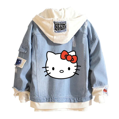 Anime Sanrio Denim Bomber Veste Hello Kitty Jeans à capuche Sweat-shirt Unisexe Trou déchiré Cosplay Sweat à capuche Veste en jean à manches longues
