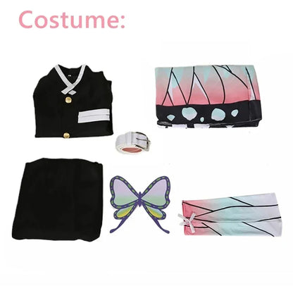 Costume de Cosplay Anime Demon Slayer Kimetsu No Yaiba Kochou Shinobu, ensemble de perruques, uniforme Kimono, Costumes d'halloween pour enfants et adultes