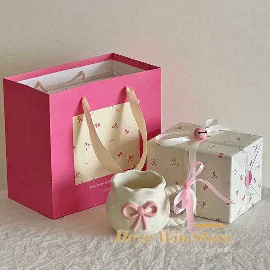 Tasse à café en céramique avec nœud rose irrégulier, tasse en Relief faite à la main, tasse à café pour la maison, tasse à lait pour petit déjeuner, cadeau d'anniversaire, nouveau