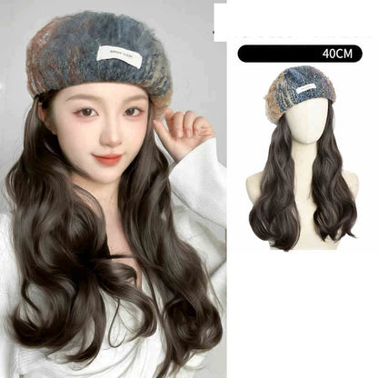 Perruque chapeau femmes tout en un automne/hiver nouvelle mode cheveux longs bouclés arc-en-ciel peinture à l'huile béret simulé cheveux perruque casque
