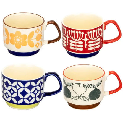 YWDL Japanese Flower Coffee Cup Set Retro Ceramic Milk Oatmeal Mug Office Water Handle Cup Kitchen Party Drinkware Set 300ml