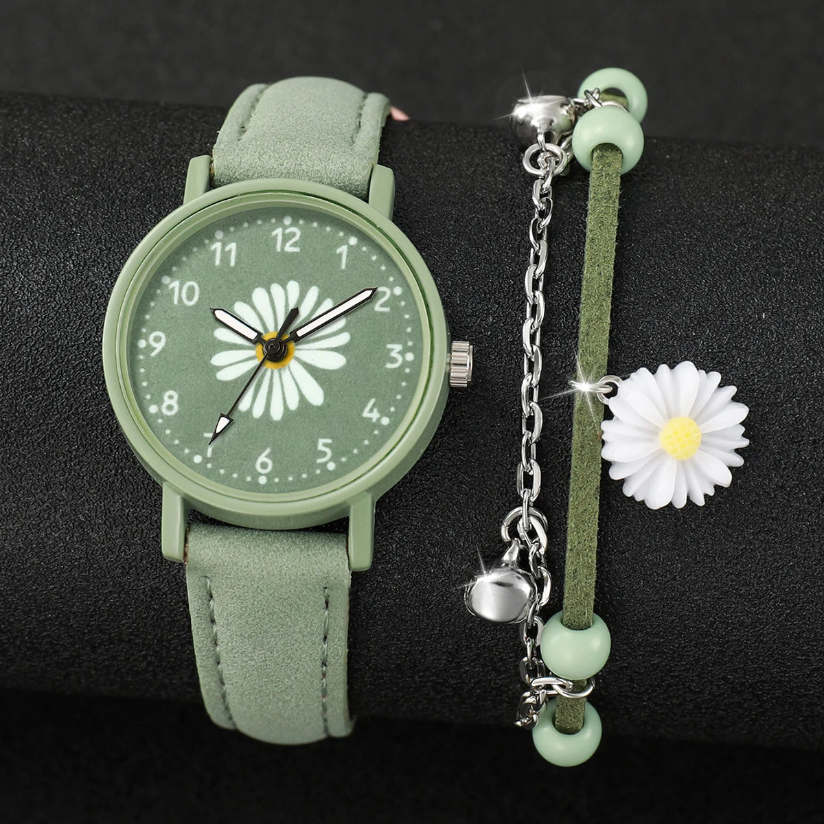 Montre à quartz avec bracelet en cuir PU vert, fleur, boîte non incluse, mode, ensemble de 4 pièces