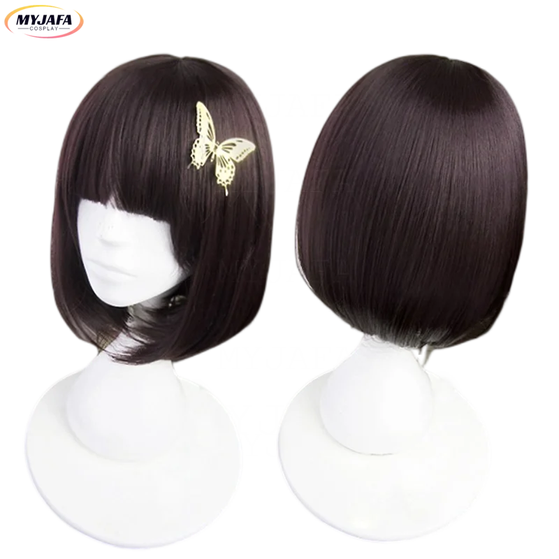 Perruque de Cosplay Anime Bungo Stray Dogs Akiko Yosano, épingle à cheveux papillon, Bob court, violet, noir, perruques résistantes à la chaleur + bonnet de perruque