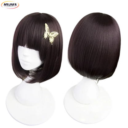 Perruque de Cosplay Anime Bungo Stray Dogs Akiko Yosano, épingle à cheveux papillon, Bob court, violet, noir, perruques résistantes à la chaleur + bonnet de perruque
