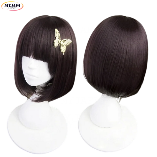 Perruque de Cosplay Anime Bungo Stray Dogs Akiko Yosano, épingle à cheveux papillon, Bob court, violet, noir, perruques résistantes à la chaleur + bonnet de perruque