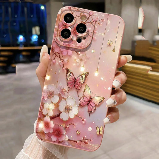 Coque de téléphone antichoc au Design papillon et Floral, étui mat pour iPhone 11 12 13 14 15 16 Pro Max 16E Mini XR XS X 7 8 Plus SE2