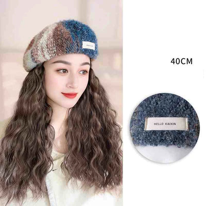 Perruque chapeau femmes tout en un automne/hiver nouvelle mode cheveux longs bouclés arc-en-ciel peinture à l'huile béret simulé cheveux perruque casque