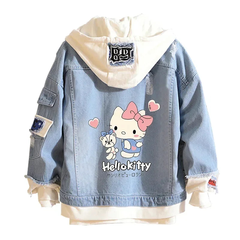 Anime Sanrio Denim Bomber Veste Hello Kitty Jeans à capuche Sweat-shirt Unisexe Trou déchiré Cosplay Sweat à capuche Veste en jean à manches longues