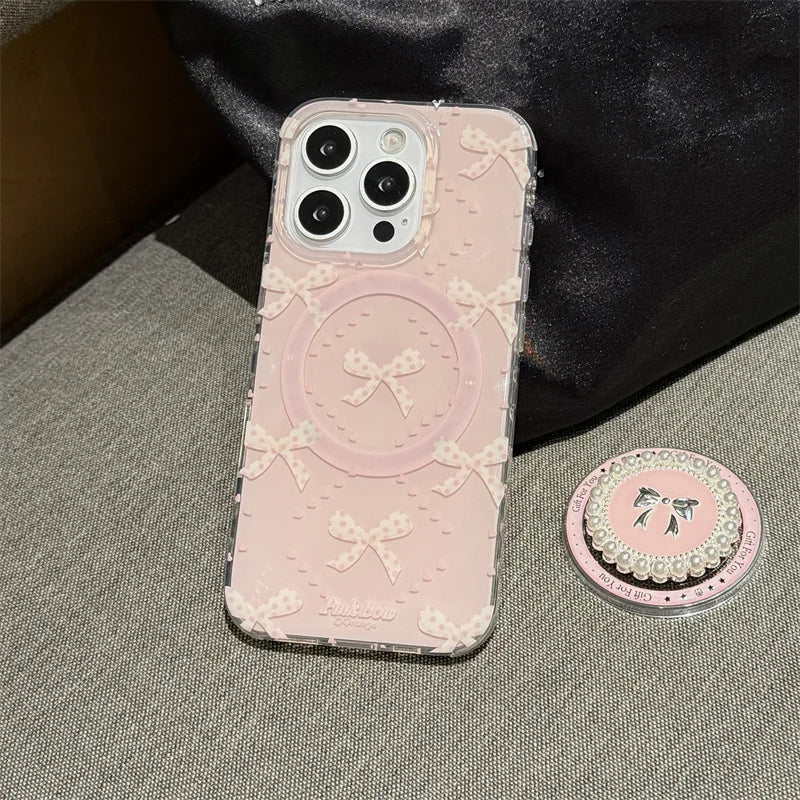 Jolie coque de téléphone magnétique pour iPhone 16 Pro 15 14 13 Pro Max 15Pro, avec support à nœud papillon en perles, étuis antichoc pour Magsafe