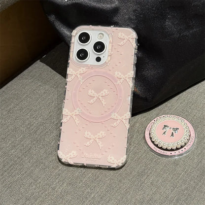 Jolie coque de téléphone magnétique pour iPhone 16 Pro 15 14 13 Pro Max 15Pro, avec support à nœud papillon en perles, étuis antichoc pour Magsafe