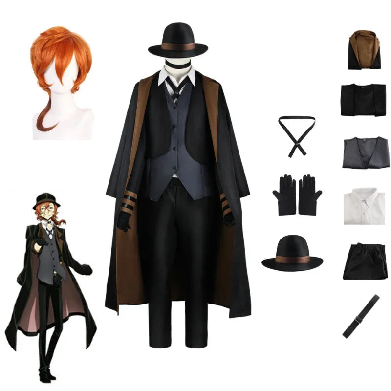 Nakahara Chuuya Cosplay Bungo chiens errants Halloween Anime Costume Nakahara Chuya ensemble complet chapeau gants Adulto Fantasias Deguisement
