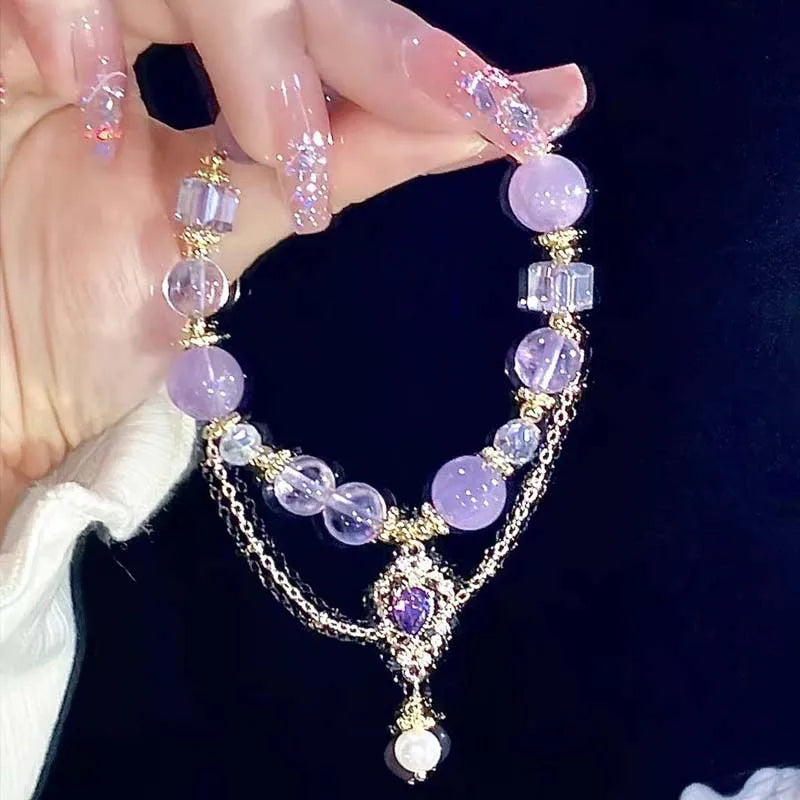 Bracelets de luxe légers en perles de cristal de verre violet pour femmes, pendentif Chic avec pompon papillon, bijoux de poignet pour fille douce