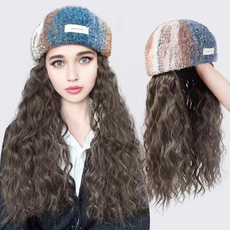 Perruque chapeau femmes tout en un automne/hiver nouvelle mode cheveux longs bouclés arc-en-ciel peinture à l'huile béret simulé cheveux perruque casque