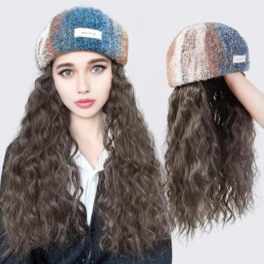 Perruque chapeau femmes tout en un automne/hiver nouvelle mode cheveux longs bouclés arc-en-ciel peinture à l'huile béret simulé cheveux perruque casque