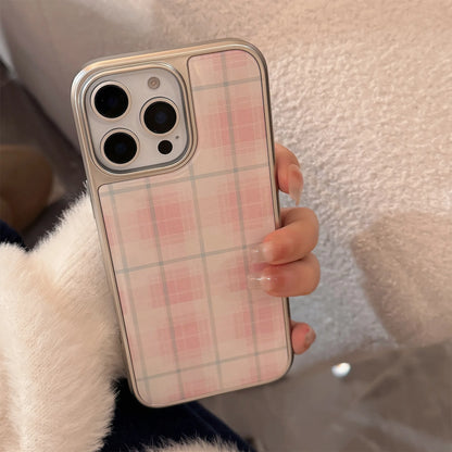 Coque de téléphone rigide antichoc à carreaux roses, étui de protection mignon de Style coréen pour iPhone 13 14 15 16 Pro Max