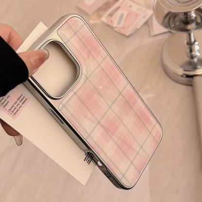Coque de téléphone rigide antichoc à carreaux roses, étui de protection mignon de Style coréen pour iPhone 13 14 15 16 Pro Max