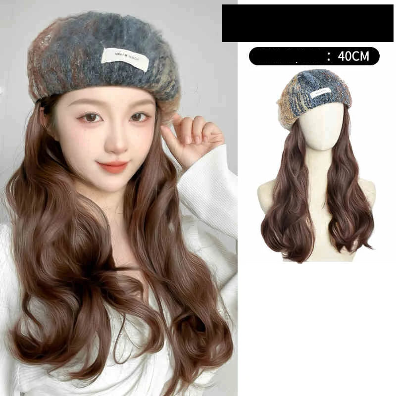 Perruque chapeau femmes tout en un automne/hiver nouvelle mode cheveux longs bouclés arc-en-ciel peinture à l'huile béret simulé cheveux perruque casque