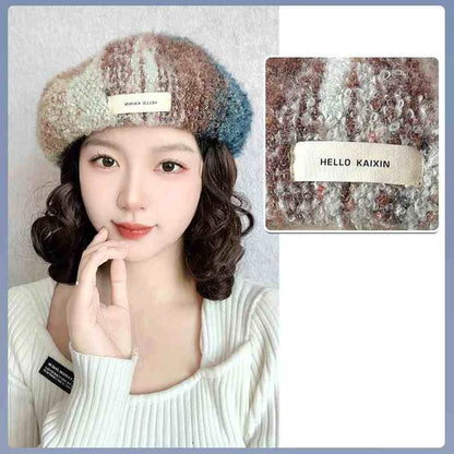 Perruque chapeau femmes tout en un automne/hiver nouvelle mode cheveux longs bouclés arc-en-ciel peinture à l'huile béret simulé cheveux perruque casque