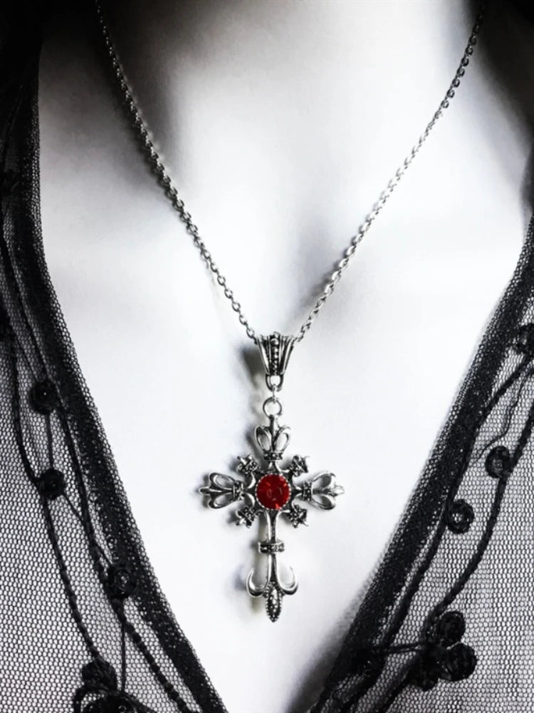 Grand collier de croix chrétienne baroque couleur argent avec cristaux, Crucifix gothique et bijoux de pâques, Crucifix à bijoux unisexe