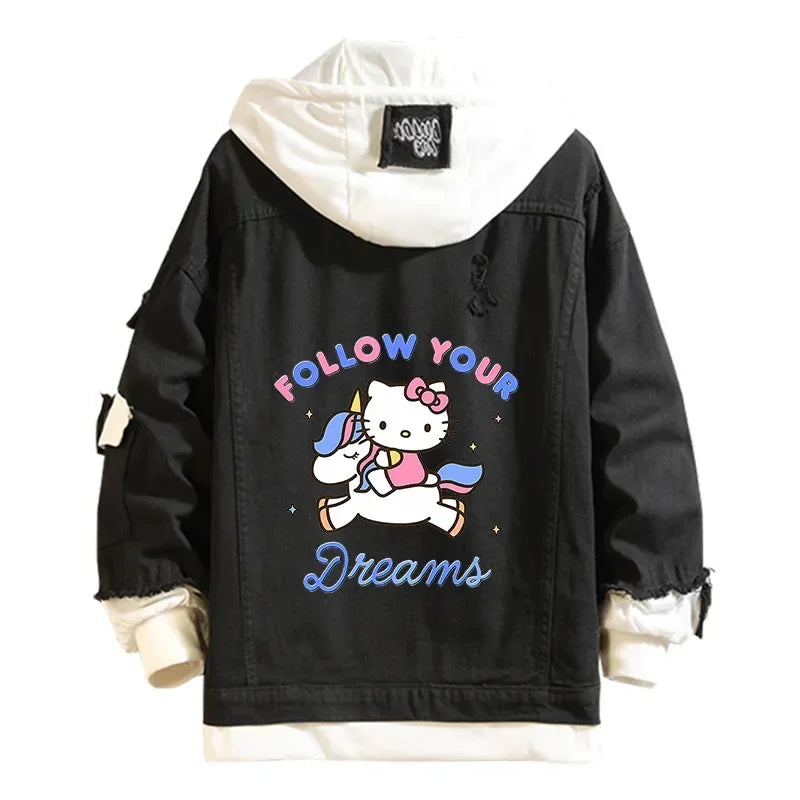 Anime Sanrio Denim Bomber Veste Hello Kitty Jeans à capuche Sweat-shirt Unisexe Trou déchiré Cosplay Sweat à capuche Veste en jean à manches longues