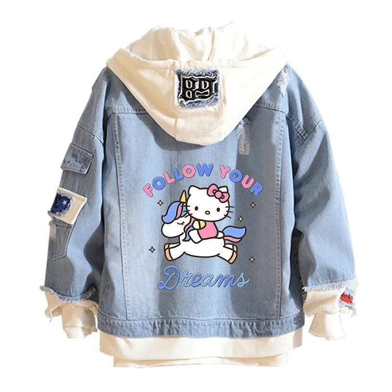 Anime Sanrio Denim Bomber Veste Hello Kitty Jeans à capuche Sweat-shirt Unisexe Trou déchiré Cosplay Sweat à capuche Veste en jean à manches longues