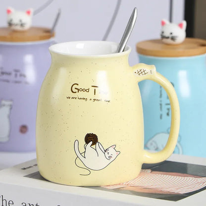 Tasse à couvercle en bois de Style japonais avec cuillère, tasse en céramique de lait de chat de dessin animé mignon, tasse de jus de yaourt glacé, tasse résistante à la chaleur, tasse cadeaux