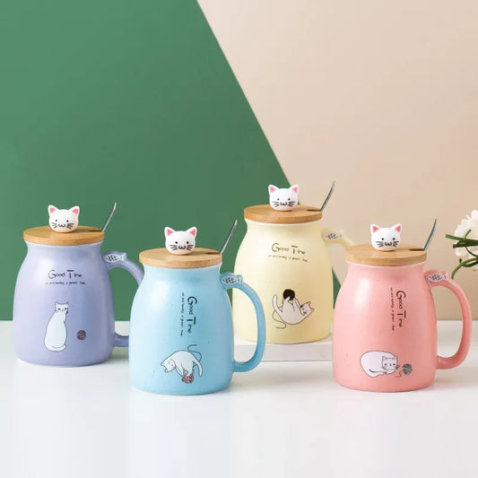 Tasse à couvercle en bois de Style japonais avec cuillère, tasse en céramique de lait de chat de dessin animé mignon, tasse de jus de yaourt glacé, tasse résistante à la chaleur, tasse cadeaux