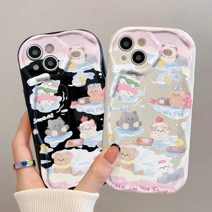 Coque de téléphone chat mignon pour iPhone, bord incurvé ondulé 3D, coque en TPU souple et transparente, iPhone 13, iPhone 15, iPhone 12, iPhone 11, iPhone 14 Pro Max, iPhone X, iPhone XS, iPhone 7, iPhone 8 Plus