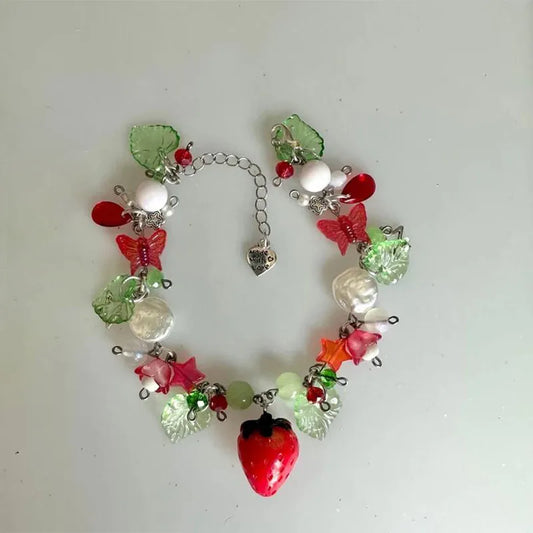Bracelet à breloques en perles de fraises y2k, cadeau fait à la main