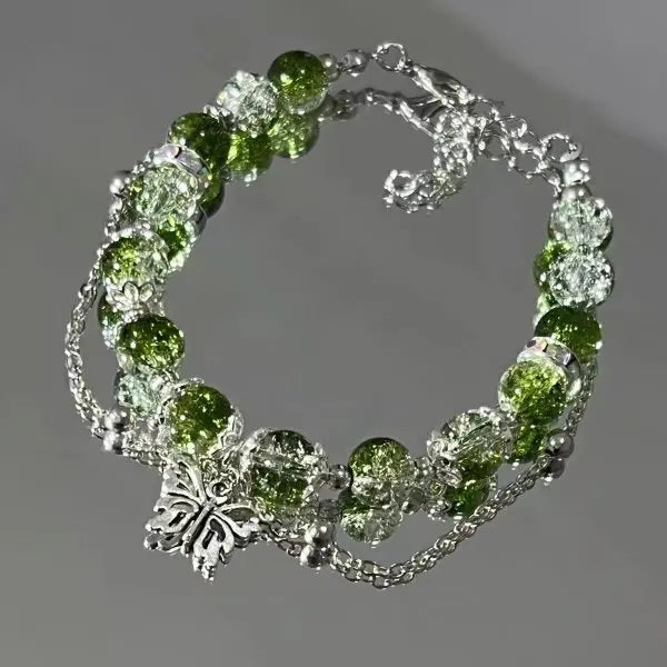 Bracelets de luxe légers en perles de cristal de verre violet pour femmes, pendentif Chic avec pompon papillon, bijoux de poignet pour fille douce
