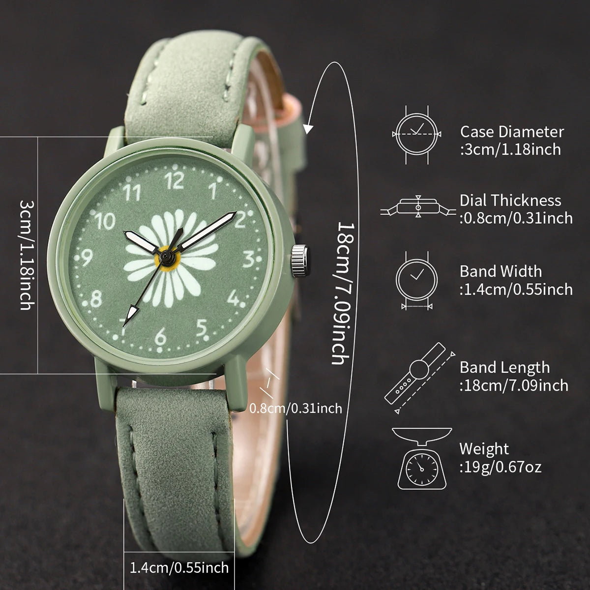 Montre à quartz avec bracelet en cuir PU vert, fleur, boîte non incluse, mode, ensemble de 4 pièces