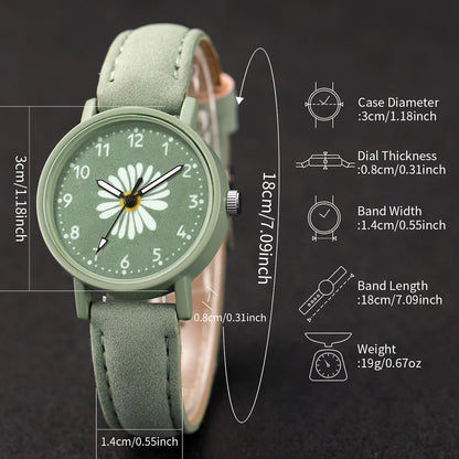 Montre à quartz avec bracelet en cuir PU vert, fleur, boîte non incluse, mode, ensemble de 4 pièces