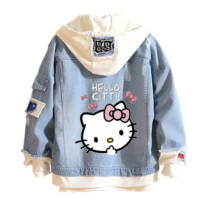 Anime Sanrio Denim Bomber Veste Hello Kitty Jeans à capuche Sweat-shirt Unisexe Trou déchiré Cosplay Sweat à capuche Veste en jean à manches longues