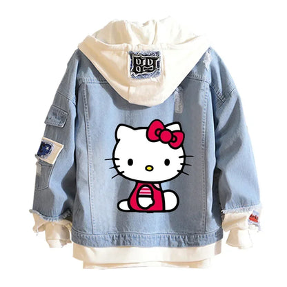 Anime Sanrio Denim Bomber Veste Hello Kitty Jeans à capuche Sweat-shirt Unisexe Trou déchiré Cosplay Sweat à capuche Veste en jean à manches longues
